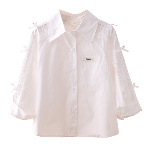 JD Logistics Children's Clothing Girls White Shirt Children's Spring Fashion Versatile Lace Shirt Spring and Autumn Top White 140 Recommended height 130cm-140cm