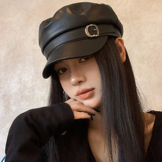 Xiaohongshu Korean style simple retro leather black beret for women summer temperament literary and artistic versatile thin style black M (5658cm)