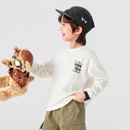 Duojia Class A Standard Children's T-shirt Spring and Autumn Adventure Bear Fun Long Sleeve Boys Casual Cotton Breathable Top Fashion White 110