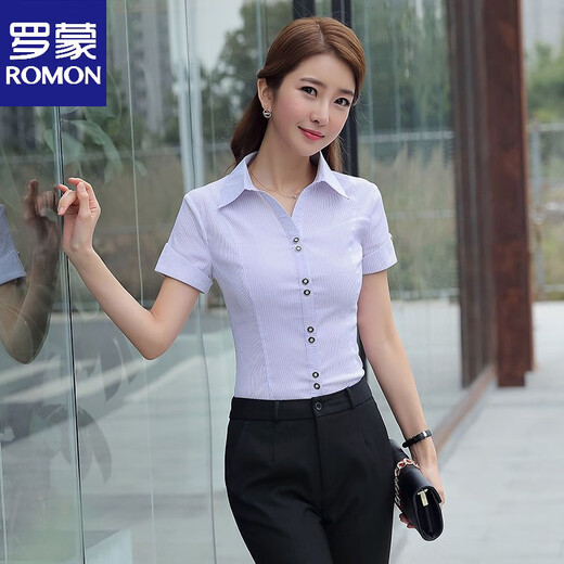 ROMON white shirt women's summer new short-sleeved top professional v-neck large size striped slim half-sleeved stretch shirt overalls purple short-sleeved S recommended 80-89Jin Jin equals 0.5 kg