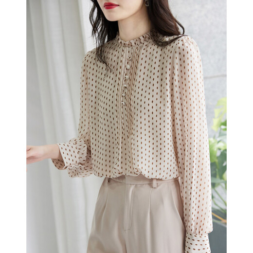 Demana (dme) polka dot puff sleeve shirt spring and autumn stand-up collar fitted long-sleeved commuter shirt women's top