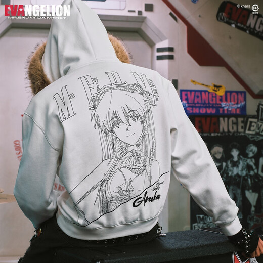 MEDMxEVA NEVER END series character sketch style fur collar zipper hoodie logo embroidered hooded sweatshirt white-Asuka L