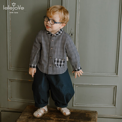 LELE JOVE children's tops spring new boys college style casual all-match lapel shirt navy plaid 110 cm