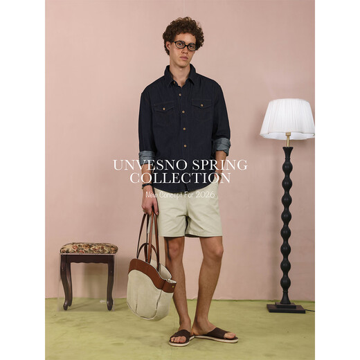 UNVESNO (UN) neutral style natural spray color high quality washed denim linen cotton blend shirt morning mist blue S