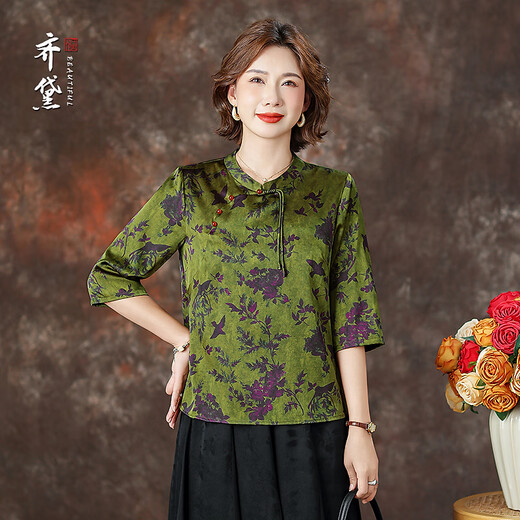 QUEDIT silk Chinese-style mulberry silk mid-sleeve shirt 2026 new stand-up collar plate-button oblique placket flower and bird print top Qingtang Ningzi/21 Mumi silk stretch satin L Recommended 110Jin Jin is equal to within 0.5 kg