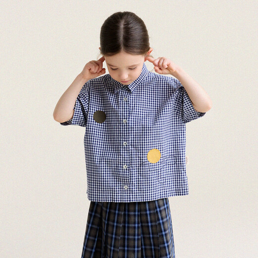 Yoona's Mom Girls 2026 Spring New Korean Plaid Short-Sleeved Children's Fashion Shirt Baby Shirt Top Trendy Blue and White Checkered Ready Stock 140