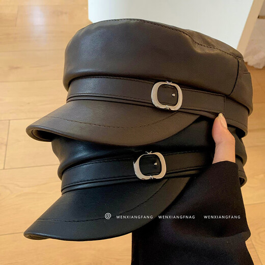 Xiaohongshu Korean style simple retro leather black beret for women summer temperament literary and artistic versatile thin style black M (5658cm)