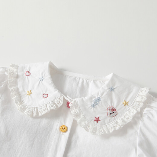 Fanhunting girls' shirt spring children's cartoon embroidered doll collar top baby white shirt spring and autumn white 80 cm
