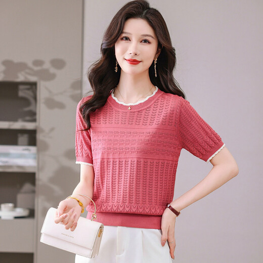 Snow Flying (SNOWFLYING) sweet and gentle style lace collar short-sleeved sweater for women 26 spring and summer hollow design women's loose and slim top