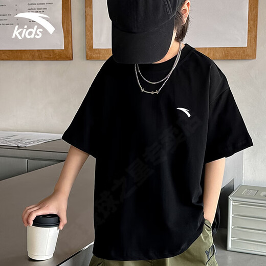 ANTA Children's 100 pure cotton short-sleeved white T-shirt summer new style for boys, girls, middle and large children breathable anti-wrinkle sports half-sleeve black soft and comfortable 150