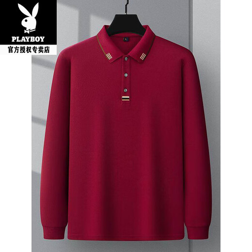 Playboy (PLAYBOY) new spring and autumn men's solid color long-sleeved T-shirt collar embroidered polo shirt top men's A8835 wine red M recommended 95-110Jin Jin equals 0.5 kg