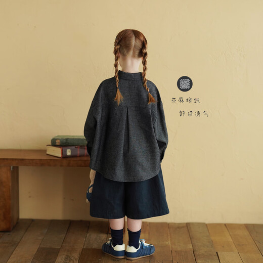 Yantaijia girls parent-child linen cotton shirt 2026 spring new baby loose long-sleeved top versatile shirt gray 130