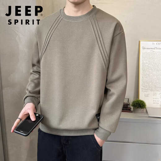 JEEP SPIRIT2026 spring and autumn new round neck sweatshirt men's solid color versatile bottoming shirt slightly loose spring and autumn long-sleeved T-shirt men's black regular L