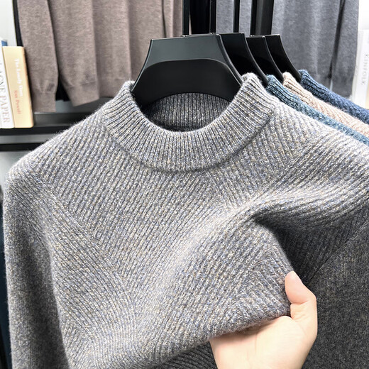 100% wool autumn and winter new men's thickened long-sleeved wool sweater floral yarn clip jacquard casual sweater 3697 light rice XL