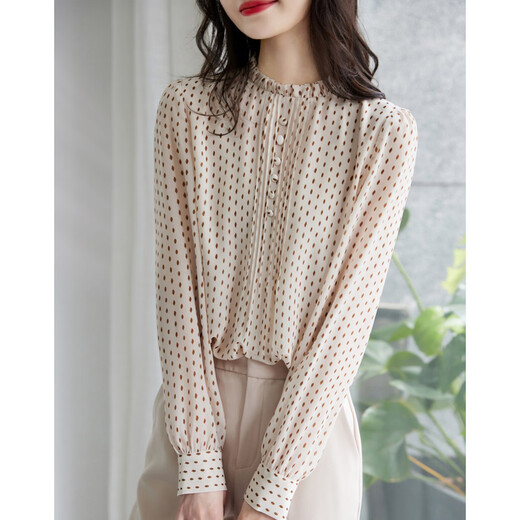 Demana (dme) polka dot puff sleeve shirt spring and autumn stand-up collar fitted long-sleeved commuter shirt women's top
