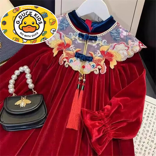 HAL.DUCK Girls Red Dress Autumn and Winter Clothes 2025 New Children's Style New Year's Plush Princess Dress New Year Clothes Red Dress Plush Style 160 cm