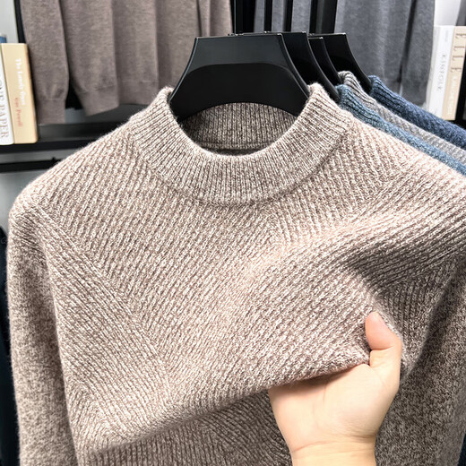 100% wool autumn and winter new men's thickened long-sleeved wool sweater floral yarn clip jacquard casual sweater 3697 light rice XL