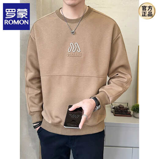 ROMON Men's Sweatshirt New 2026 Spring and Autumn Trendy Brand Three-dimensional Stenciled Embossed Heavy Bottoming Shirt Round Neck Long Sleeve T-shirt Black L