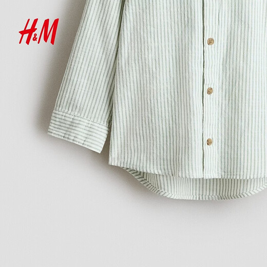 H&M2026 Spring New Children's Clothing Children's Boys Cotton Chinese Collar Shirt 1289756 White/Green Stripes 90 90/52(1.5-2Y)