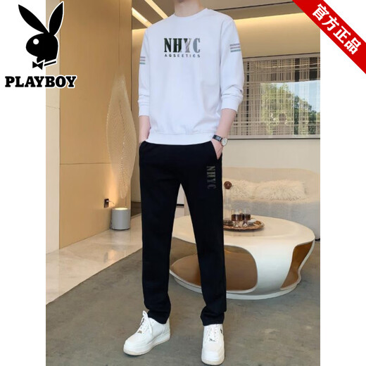 Playboy long-sleeved T-shirt business sports suit spring and autumn new men's middle-aged and elderly dad's loose large size sweatshirt two-piece set D04 black M