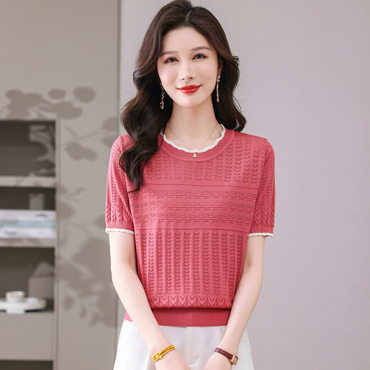 Snow Flying (SNOWFLYING) sweet and gentle style lace collar short-sleeved sweater for women 26 spring and summer hollow design women's loose and slim top