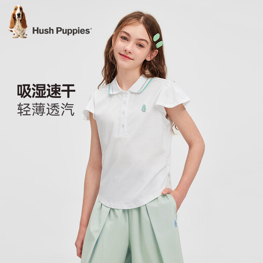 Hush Puppies children's clothing for children and girls 2026 spring and summer new style energetic sweet moisture-absorbent quick-drying lotus leaf sleeve short-sleeved Polo shirt original white 130 cm