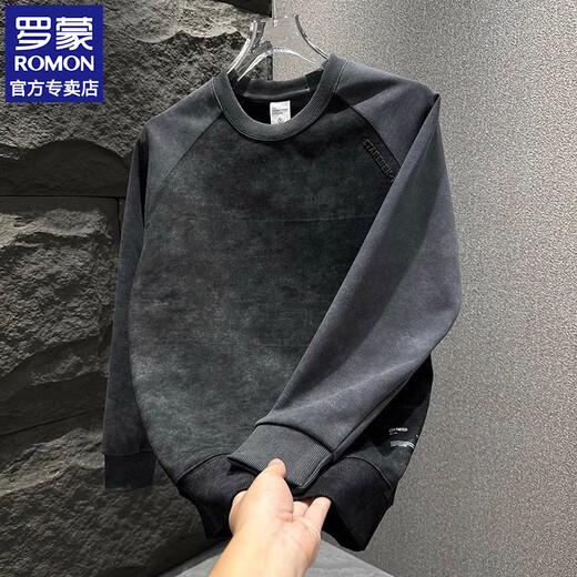 ROMON round neck sweatshirt for men with contrasting color splicing design casual clothes for youth tie-dye simple versatile top mature style black L Recommended weight 120-140Jin Jin is equal to 0.5 kg