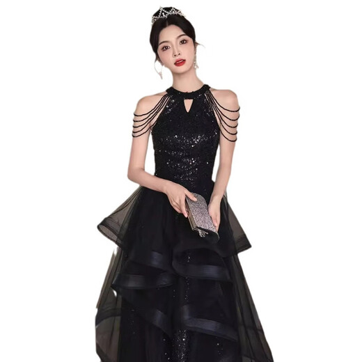 UKUHPK Black Banquet Evening Dress 2026 New Sequined Tassel Puff Skirt Art Exam Annual Meeting Performance Dress Black XL