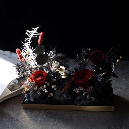 Suhuayi immortal flower rose high-end micro landscape dried bouquet glass cover gift box birthday and Valentine's Day gift for teacher, best friend and girlfriend, high-end gray red