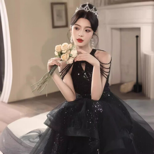 UKUHPK Black Banquet Evening Dress 2026 New Sequined Tassel Puff Skirt Art Exam Annual Meeting Performance Dress Black XL