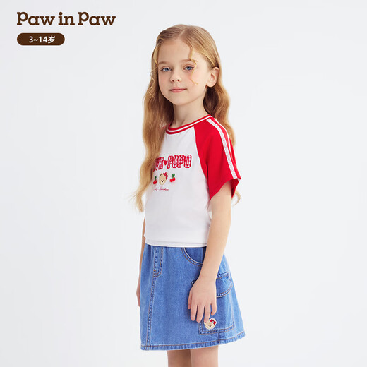 PawinPaw Cartoon Bear Children's Clothing 26th Spring and Summer New Girls Round Neck T-shirt Loose Red/20 110