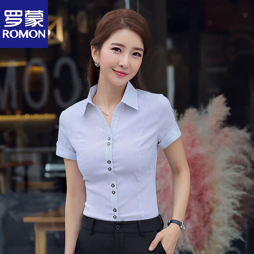 ROMON white shirt women's summer new short-sleeved top professional v-neck large size striped slim half-sleeved stretch shirt overalls purple short-sleeved S recommended 80-89Jin Jin equals 0.5 kg