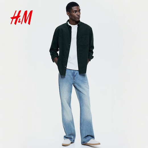 H&M 2026 new spring men's standard fit corduroy shirt 1289456 dark green S 170/92