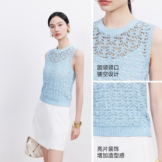 VEROMODA sweater for women 2026 summer new style hollow sequined round neck sleeveless solid color top classic 326224006