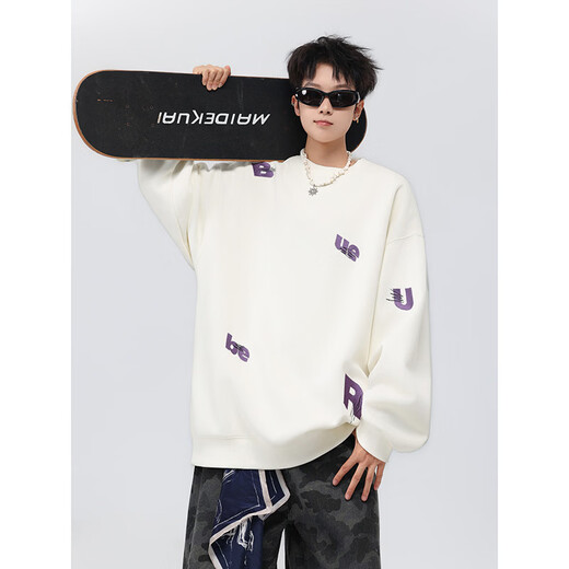 Xiaofu American retro trendy brand handsome heavyweight hooded round neck casual sweatshirt with letters for men in spring and autumn casual tops for couples