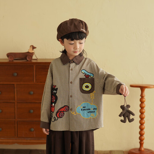 Yantaijia children's clothing boys' coffee color plaid long-sleeved shirt 2026 spring new style children's clothing children's shirt coffee color 120