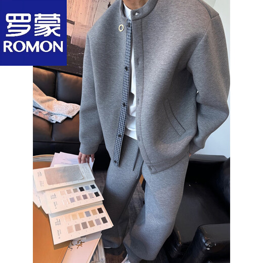 ROMON's new autumn style fake two-piece lazy style sports suit, simple, casual, versatile and trendy couple's two-piece set, gray (suit) M
