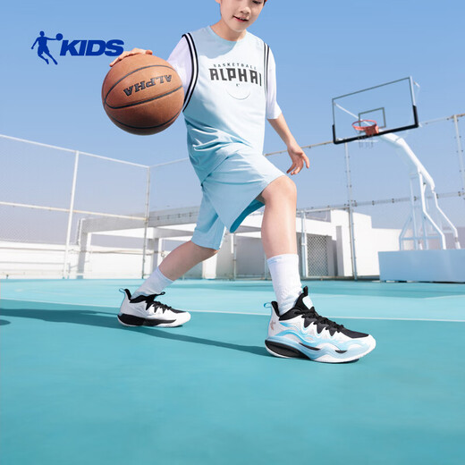 Jordan (QIAODAN) Blazing Blade children's basketball shoes for boys 2026 summer new children's shoes youth shock-absorbing rebound breathable sports shoes pure white/black 34