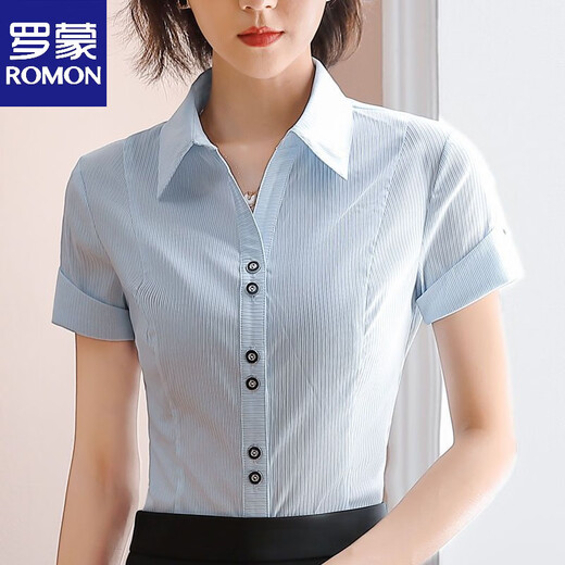 ROMON white shirt women's summer new short-sleeved top professional v-neck large size striped slim half-sleeved stretch shirt overalls purple short-sleeved S recommended 80-89Jin Jin equals 0.5 kg