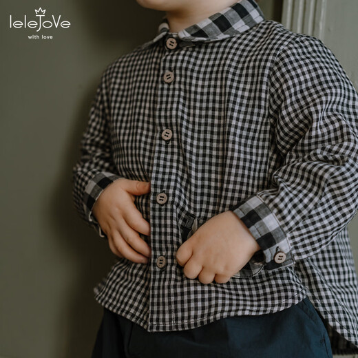 LELE JOVE children's tops spring new boys college style casual all-match lapel shirt navy plaid 110 cm