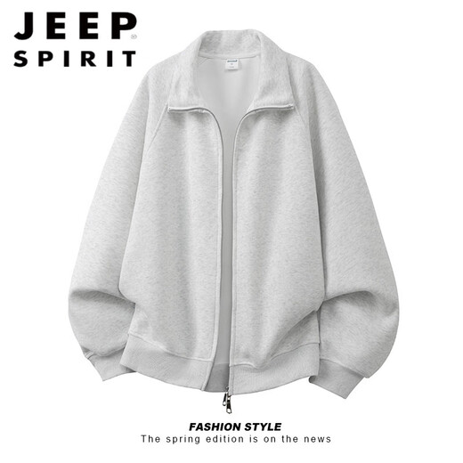 JEEP SPIRIT American solid color heavyweight stand-up collar cardigan 2026 new sweatshirt men's spring loose couple sports coat jacket hemp gray M
