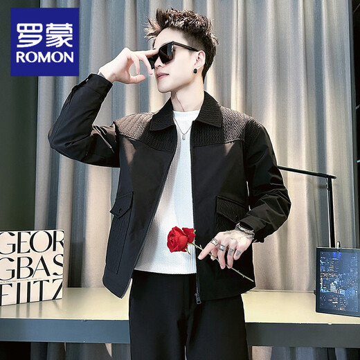 ROMON spring and autumn new trendy brand splicing design lapel jacket men's handsome fashion casual trendy slim jacket black M 90-110Jin Jin equals 0.5 kg