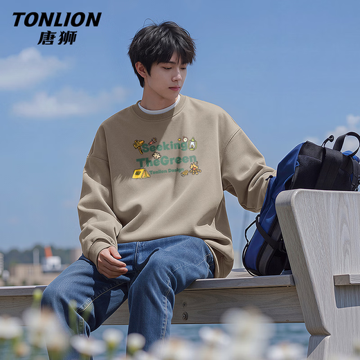 TonLion spring and autumn sweatshirt men's new style simple loose and versatile round neck long-sleeved T-shirt American trendy casual couple top