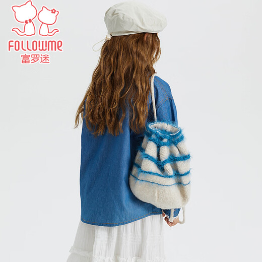Fuluo Mi children's denim shirt autumn classic comfortable versatile coat sweet lace top blue 120