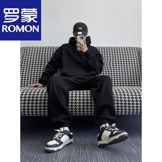 ROMON autumn and winter gray high-end street fashion brand pine velvet thickened couple sweatshirt sports dog men and women walking black - set S