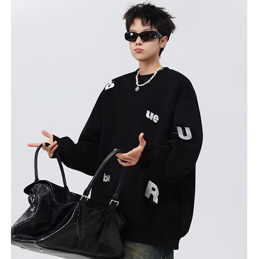 Xiaofu American retro trendy brand handsome heavyweight hooded round neck casual sweatshirt with letters for men in spring and autumn casual tops for couples