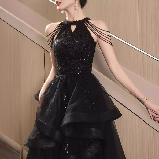 UKUHPK Black Banquet Evening Dress 2026 New Sequined Tassel Puff Skirt Art Exam Annual Meeting Performance Dress Black XL