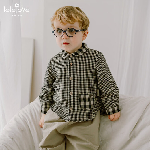 LELE JOVE children's tops spring new boys college style casual all-match lapel shirt navy plaid 110 cm