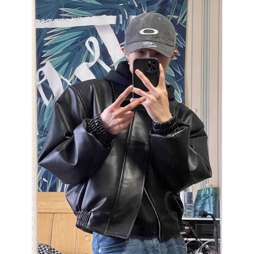 Black PU leather jacket men's fashion brand spring and autumn new design versatile short American retro jacket color (black high quality) M