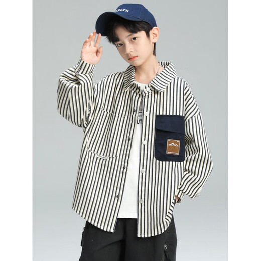 BALA Boys' Spring Striped White Shirt 2026 New Spring Clothing Medium and Large Children Boys Spring and Autumn Lining Blue Stripes 110 cm